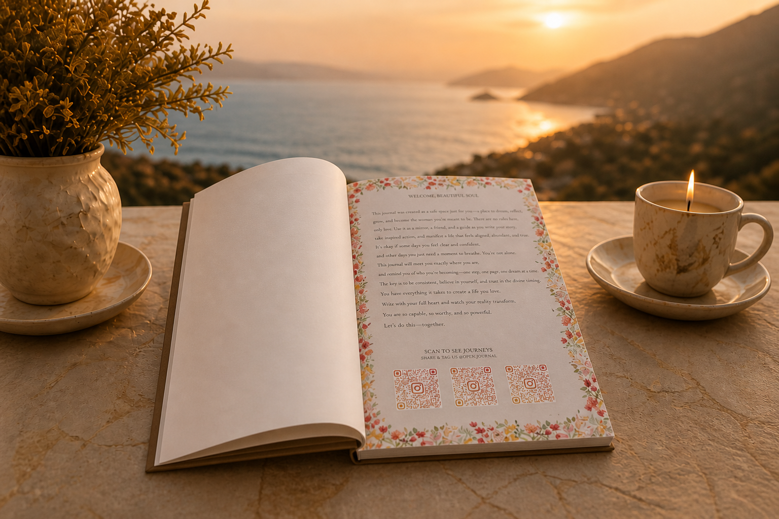 Open journal with pen by a sunset view