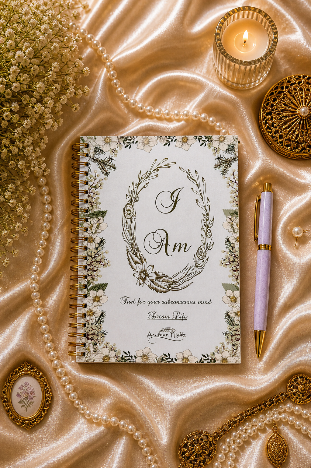 Dream life journal styled on gold fabric