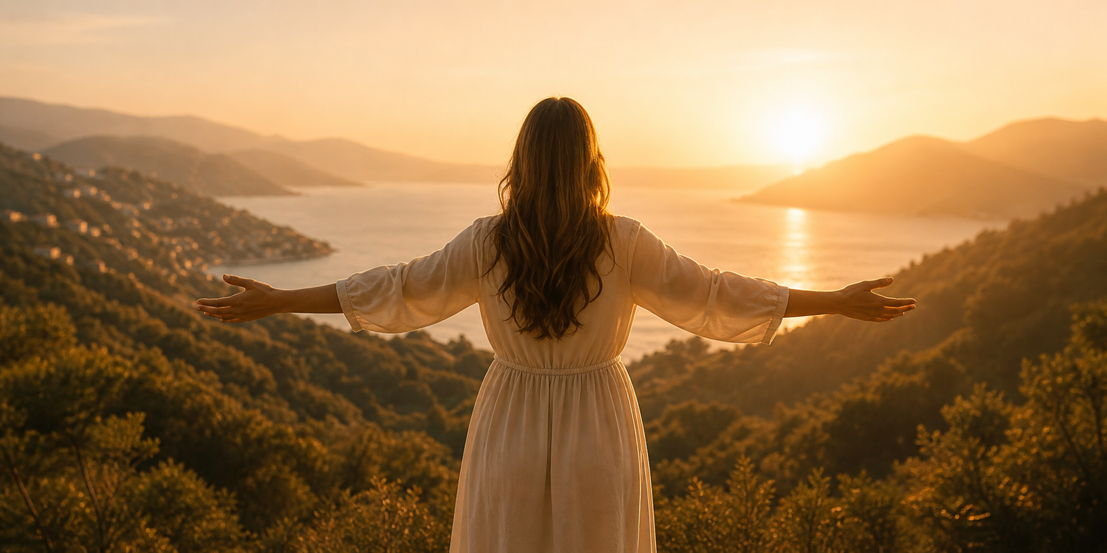 Woman facing a golden sunset with arms open