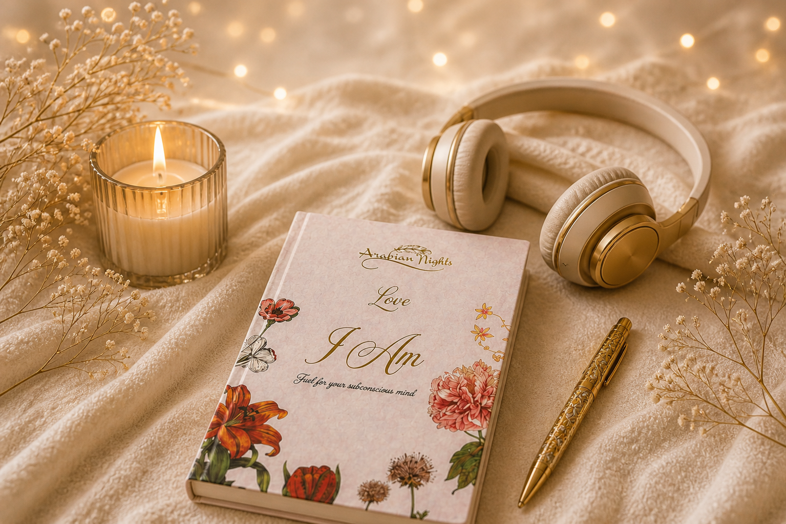 Arabian Nights journal styled with candle and headphones